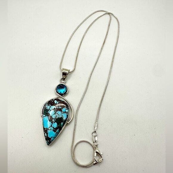 Jewelry - AMAZING Sterling Silver Turquoise and Swiss B. Topaz Pendant, 21" 925 necklace!!